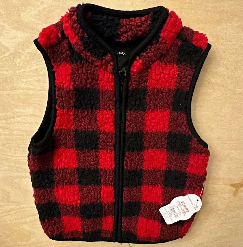 Wonder Nation Toddler Fleece Full Zip Vest Red Black Plaid Unisex 2T